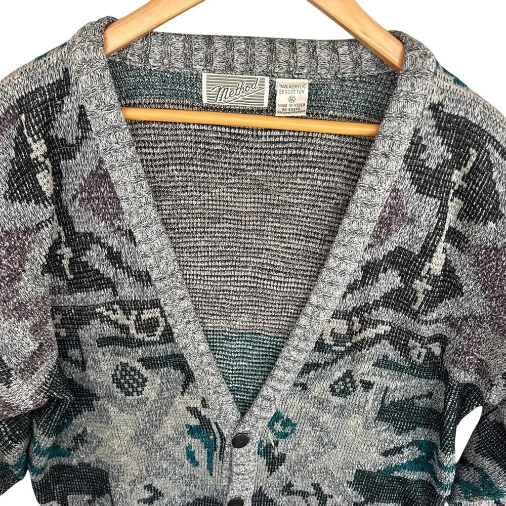 Method Vintage 90s Gray Geometric Abstract Grandpa Cardigan Sweater Men XL
